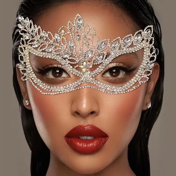Bröllops Masquerade Mask Rhinestone Ögonmask Maskskydd för Män Kvinnor Dans Cosplay Party Bling Kristall Ansiktsaccessoarer Silver