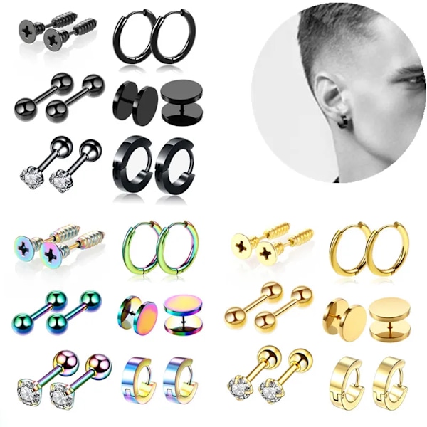 12st Punk Örhängen i Rostfritt Stål Set Örhänge Båge Gotisk Örhänge Paket Falsk Öronplugg Unisex Öronstift Set Kroppssmycken Black