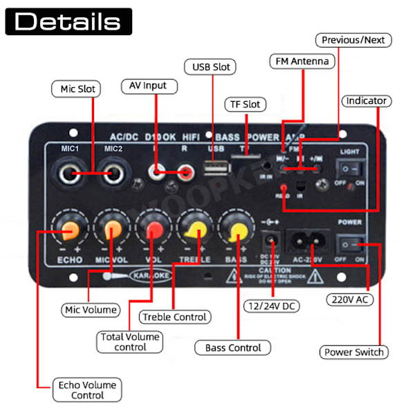 Woopker Bluetooth-ljudförstärkarkort 120W Subwoofer Dubbel Mikrofon AMP-modul för 4 ohms 8-12 tums högtalare 12/24V 110/220V