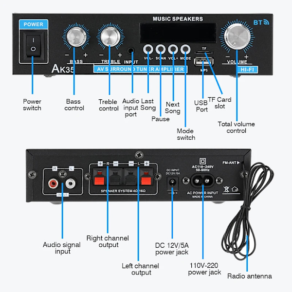 AK35 800W Hemma Digitalförstärkare Ljud 110-240V Bas Ljud Effekt Bluetooth Förstärkare Hifi FM USB Auto Musik Subwoofer Högtalare AK380