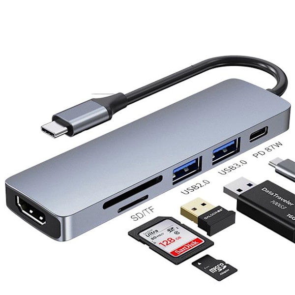 USB-C HUB 6 i 1 USB-C-adapter Dockningsstation med 4K HDMI USB3.0 SD/TF 87W PD Thunderbolt 3 för MacBook Pro PC-tillbehör 4 in 1