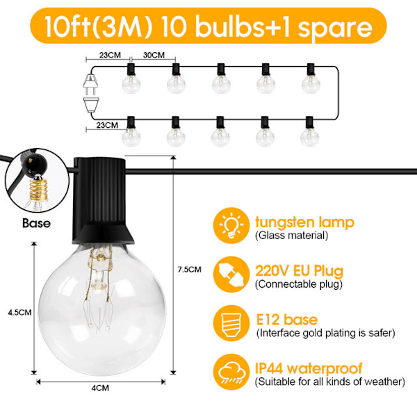 Utomhusstränglampor, G40 Globe Patio Lights med Edison-glaslampa, 220V Vattentät Anslutbar Hängande Ljus, E12 50ft  warmwhite