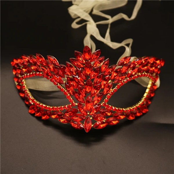 Brud Masquerade Mask Rhinestone Ögonmask Maskskydd för Män Kvinnor Flickor Dans Cosplay Party Glänsande Kristall Ansiktsaccessoarer Red