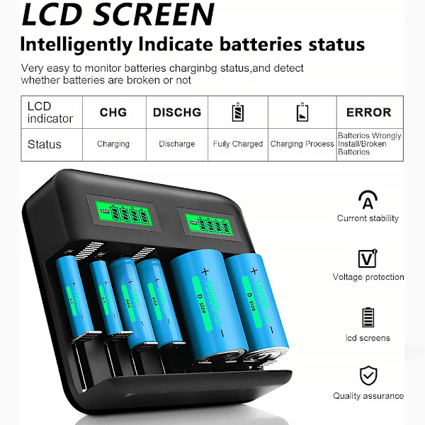 8-facklig USB-driven batteriladdare för AA/AAA/C/D laddningsbara batterier med LCD-display - Nyhet 2021