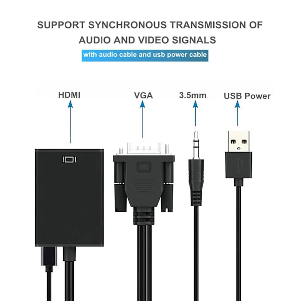 Full HD VGA till HDMI-kompatibel Konverteringsadapterkabel 1080P med ljudutgång VGA HD-adapter för PC-bärbar dator till HDTV-projektor