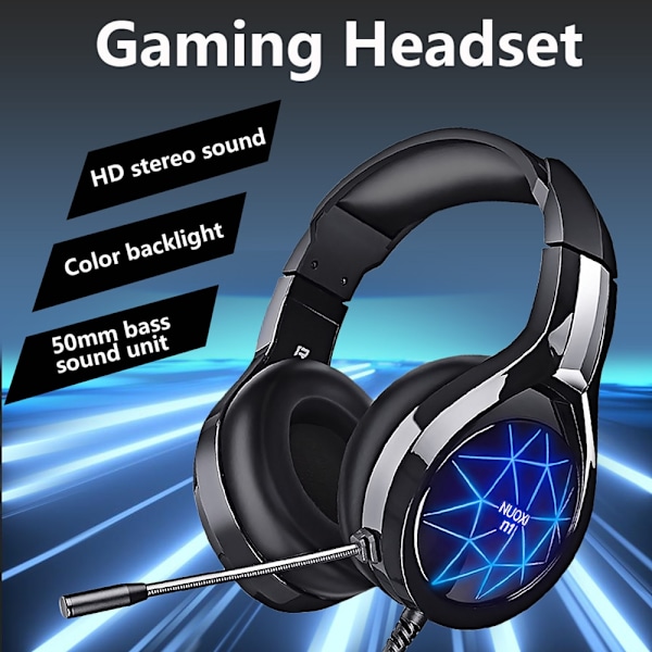 Spelheadset Hörlurar Surroundljud Stereo Spelörhängen Trådbunden Hjälm med HD-mikrofon för Gamer XBox One PS4 PC Laptop N1 BLACK LED