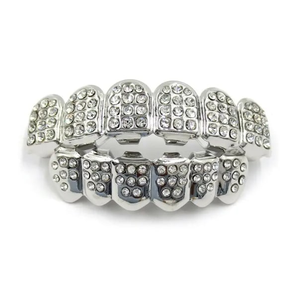 Hip Hop Guld & Silver Färg Iced Out CZ Tand Grillz Mode Party Topp och Botten Män Kvinnor Rappare Kroppssmycken Silver