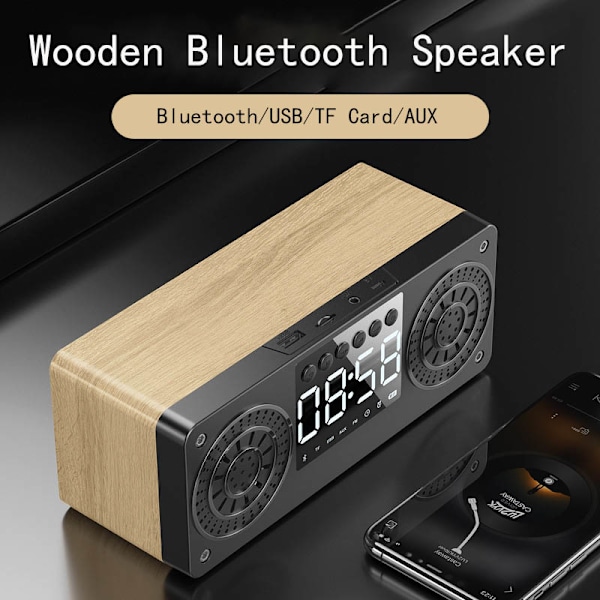 Trådlös Bärbar Träklocka Bluetooth-kompatibel Högtalare Subwoofer med Display Surround Sound-stöd U-disk Kortläsare Black