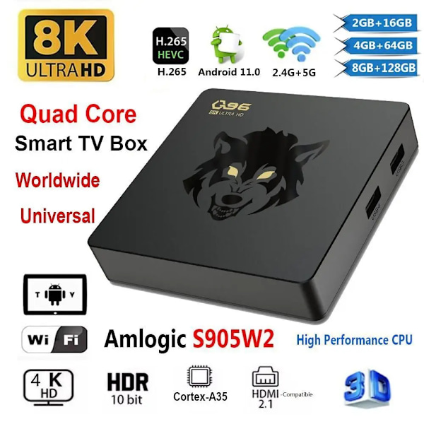 Smart TV-box Q96 IP60 Android 11 Amlogic S905W2 Fyrakärnig 2.4G/5G WIFI 8K UHD Set Top Box HDR Mediaspelare H.265 8GB 128GB 2GB-16GB