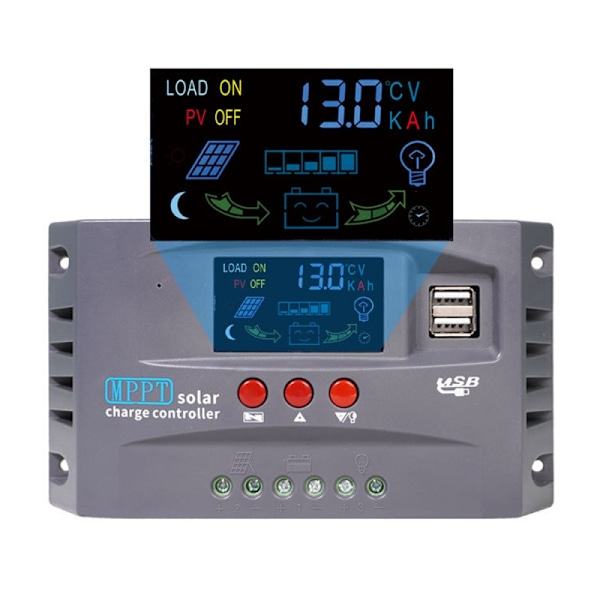 Solcellsladdningsregulator MPPT 12V 24V Auto 30A 20A 10A med LCD-display Dubbla USB för bly-syra förseglade gel AGM litium batteri MPPT 20A 12V 24V Auto