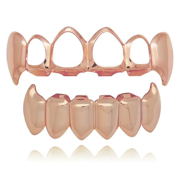 Guldpläterad Hip Hop Tand Uthålad Huggtand Övre & Massiva Huggtänder Nedre Grillz Set Vampyr Party Grills Smycken Rose Gold
