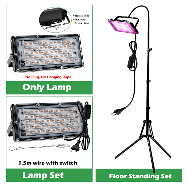 Full Spectrum LED Växtlampa med Stativ AC220V Phytolampa med På/Av-knapp för Växthus Hydroponisk Växtbelysning 200W EU Plug