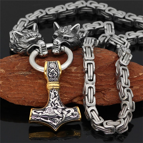 Halsband med vargskalle i rostfritt stål för män, nordisk Tors hammare Mjolnir-hänge, skandinavisk kungakedja, vikingasmycken Steel Gold 80cm