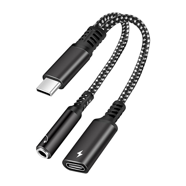 2-i-1 USB-C till 3,5 mm hörlursadapter Typ C Laddning Ljud Aux Adapter för Ipad Pro Samsung S20 Ultra Note 20 10 Huawei Black