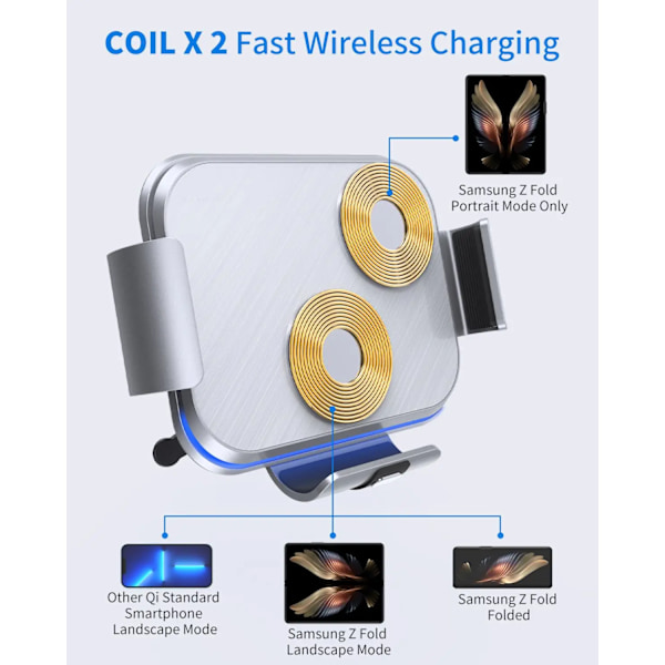 Bilhållare för Galaxy Z Fold 4 3 2 med Dubbelspols Trådlös Laddare för Samsung W22 W21 Vikbar Telefon Snabbladdning