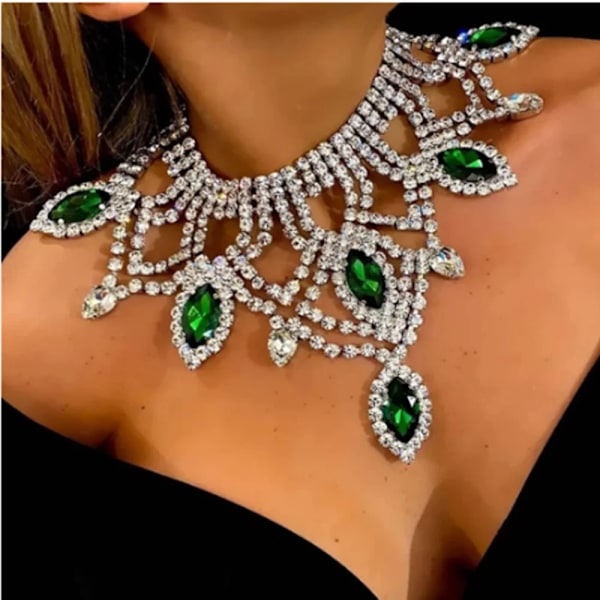 Lyxigt Strass Överdimensionerat Stort Haklapps-Chokerhalsband Bröllopssmycken för Kvinnor Glänsande Kristall Tjockt Kraghalsband Tillbehör White