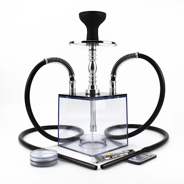 Kubformad Akryl Hookah-låda med 2 slangar, LED-ljus, silikonrökkopp, Shisha Nargile Sheesha Chicha Cachimbas Vattenpipa Hookah-set Ket