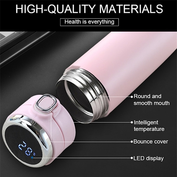 Smart Isolerad Vattenflaska 304 Rostfritt Stål Vakuum Bred Mun Kaffemugg Resetermosar med LCD Touch Screen Kaffekopp Pink