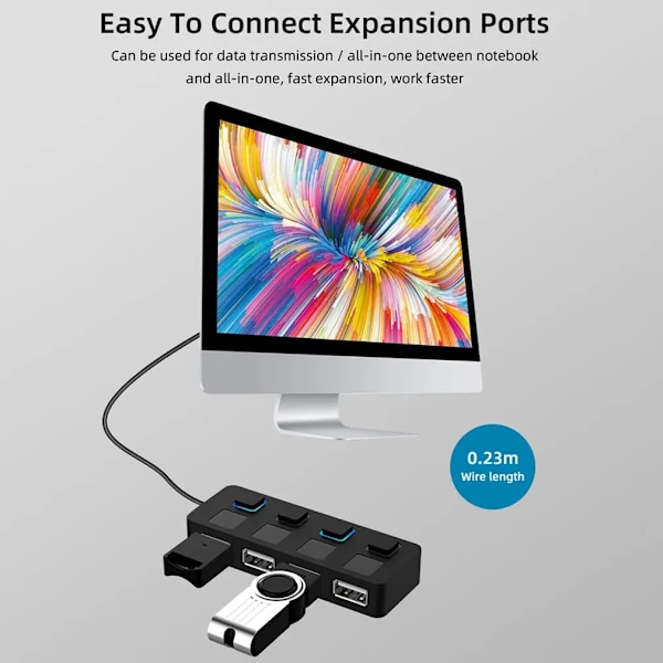 USB 2.0 Hub, Multi-USB-delare, 4 Portar, Expander, Flera USB 2.0 Hub, Använd Strömförsörjning, USB 2.0 Hub med Strömbrytare för PC-dator