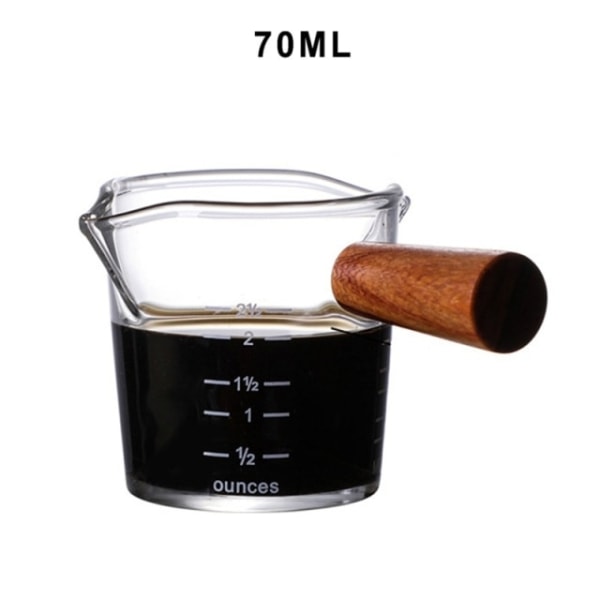 70/75ml Värmebeständig Espresso Mätkopp i Glas Dubbel Pip Mjölkkanna i Glas med Trähandtag Mätmuggar med Glasskala 70ml