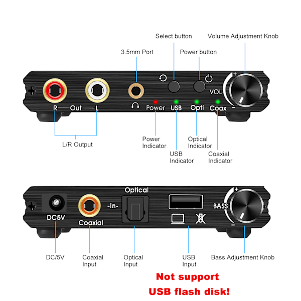 USB DAC 192kHz 24Bit Digital-till-analog-omvandlare med bas- och volymkontroll, koaxial Toslink till analog stereo L/R RCA