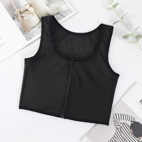 Platt Bröst Slim Shaper FTM Lesbisk Andningsbar Mesh Undertröja S-4XL Dragkedja Bandage Tanktopp Tomboy Trans Bröstbinder Väst Black XXL
