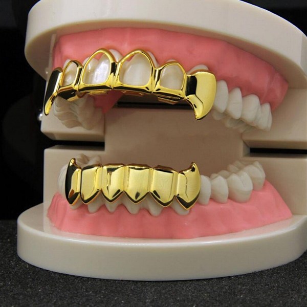Guldpläterad Hip Hop Tand Uthålad Huggtand Övre & Massiva Huggtänder Nedre Grillz Set Vampyr Party Grills Smycken Rose Gold