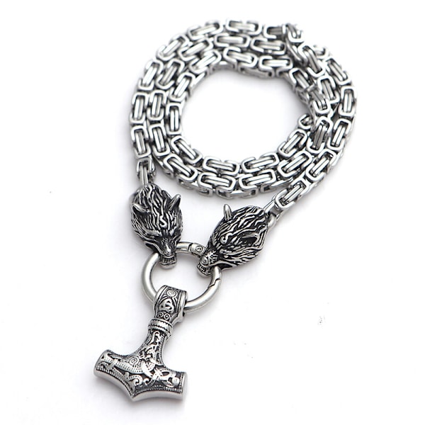 Rostfritt stål Wolf head Halsband Män Kedja Viking smycken steel gold 70cm