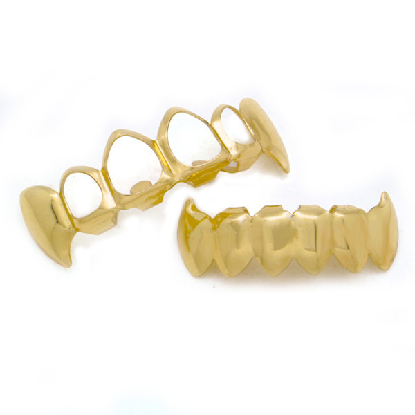 Guldpläterad Hip Hop Tand Uthålad Huggtand Övre & Massiva Huggtänder Nedre Grillz Set Vampyr Party Grills Smycken Rose Gold