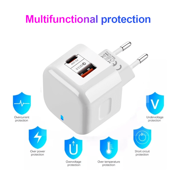 Lämplig för Apple Mobiltelefon PD Snabbladdning Android Europeisk Standard Laddningshuvud 20W Dubbel-Port USB + Typ-C Laddningsport EU