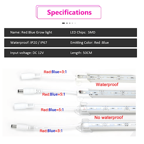 LED Växtlampa 12V Fullspektrum LED-lampa för Växter Röd Blå Ljus 3:1 5:1 Förhållande Led Fytolampa för Växthus Frö Blommor Kit 5 Red 1 Blue LED Waterproof