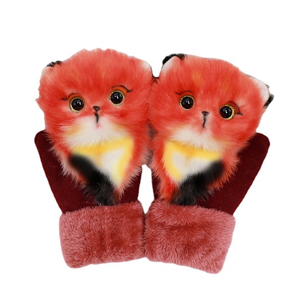 Stickade vinterhandskar Söta 3D Fluffiga Tecknade Djurdekorationer Förtjockat Plyschfoder Vindtäta Termiska Varma Vantar Outfit Flickhandskar