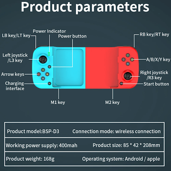 Trådlös Bluetooth-spelkontroll Teleskopisk Spelkontroll Joystick för Samsung Xiaomi Huawei Android iPhone med Laddningskabel White