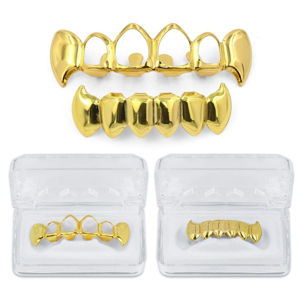 Guldpläterad Hip Hop Tand Uthålad Huggtand Övre & Massiva Huggtänder Nedre Grillz Set Vampyr Party Grills Smycken Silver