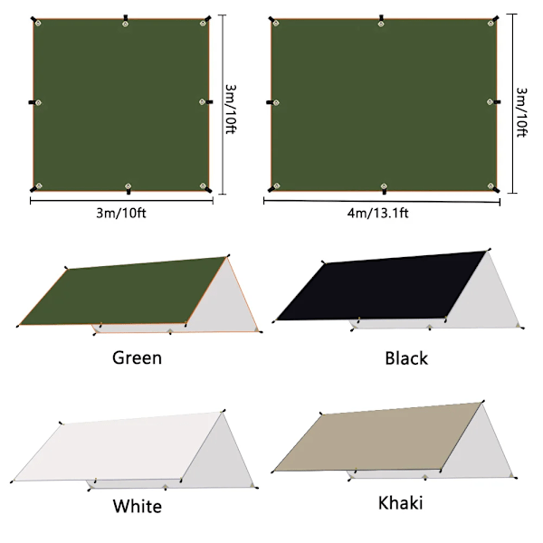 Camping Tarp med Spännrep Vattentät Ultralätt Solskydd Utomhus Markis Tält Segel Tak Solskydd Trädgårdsskydd Green 3x4m