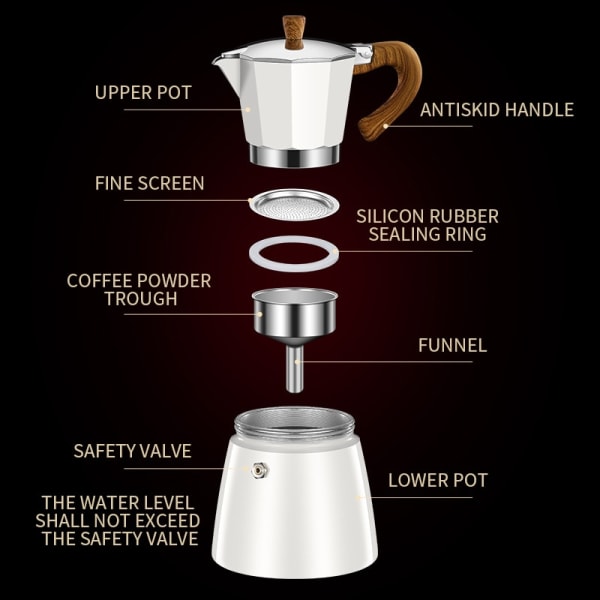 Mokabryggare Espressomaskin Aluminium Gejser Kaffebryggare Kanna Kaffe Latte Perkolator Spis Kaffefilter Kopp Verktyg White 150ml