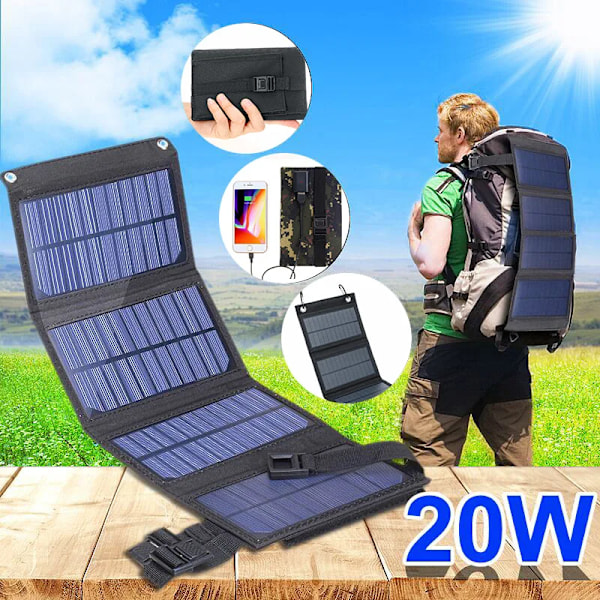 Hopfällbar Solpanel 5V 20W Powerbank för Mobiltelefon Utomhus Vattentät Usb Batteriladdning för Campingtillbehör Camouflage