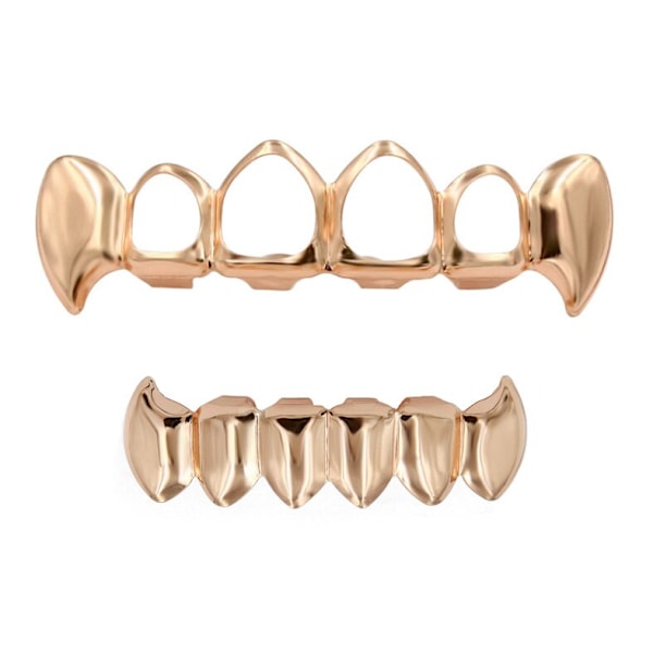 Guldpläterad Hip Hop Tand Uthålad Huggtand Övre & Massiva Huggtänder Nedre Grillz Set Vampyr Party Grills Smycken Rose Gold