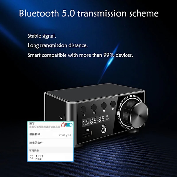 50W+50W Infineon MA12070 Bluetooth 5.0 Digital Audioförstärkare Klass D USB AUX TF Hemmabio HiFi Stereo Mini Förstärkare silver