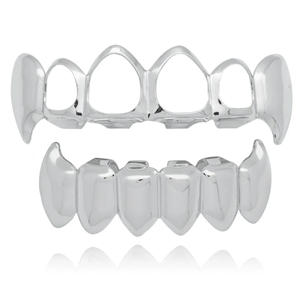 Guldpläterad Hip Hop Tand Uthålad Huggtand Övre & Massiva Huggtänder Nedre Grillz Set Vampyr Party Grills Smycken Silver