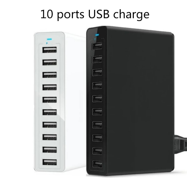 Laddningsstation med 10 USB-portar, snabbladdning, kabel, 50W, US AU EU UK KR-kontakt för iPhone iPad PC Kindle Multi USB-laddare black