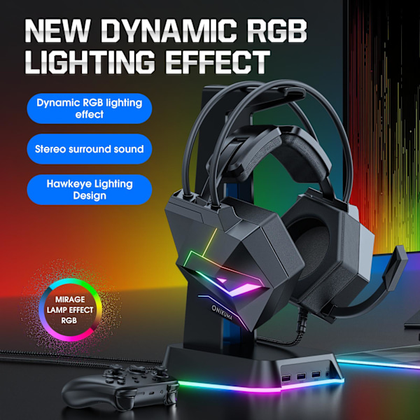 ONIKUMA X20 Dynamiskt RGB Spelheadset med Mikrofon Öronmuffar 7.1 Surroundljud Trådbundna Hörlurar för PC PS4 Laptop Tablet X20 USB 7.1