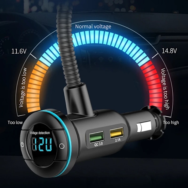 EQ Mode Bluetooth 5.0 FM-sändare Handsfree Modulator QC3.0+PD Laddare MP3-spelare Ström På/Av AUX Ingång/Utgång