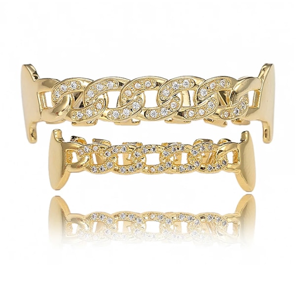 Hip Hop Guld Fang Tänder Grillz Caps Smycken Micro Pave CZ Sten Män Kvinnor Kedjeform Över- & Underdel Vampyrtänder Set gold