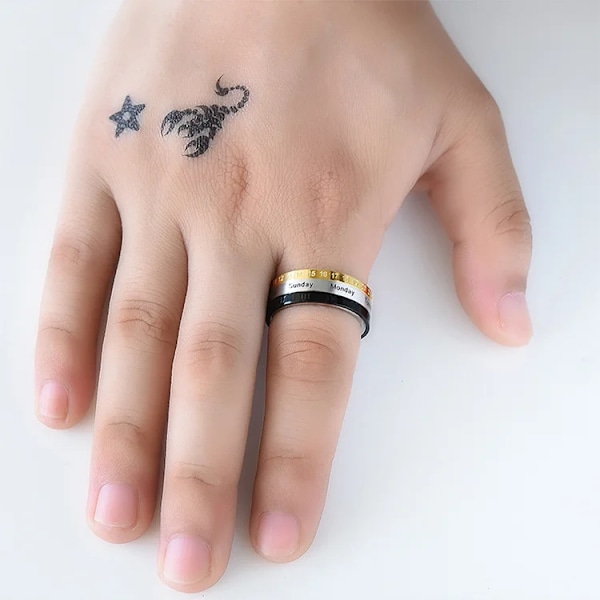 Ångestring för män med roterbar kalender, tid, vecka, datum, humör, siffror, mode, svarta spinnerringar för män, behandling, fidget 9