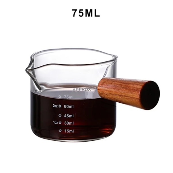70/75ml Värmebeständig Espresso Mätkopp i Glas Dubbel Pip Mjölkkanna i Glas med Trähandtag Mätmuggar med Glasskala 75ml