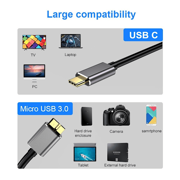 USB C till Micro B-kabel USB 3.0 Typ C 5 Gbps Dataanslutningsadapter för hårddisk Smartphone PC Typ C Laddare Kamera Disk Kabel 2m