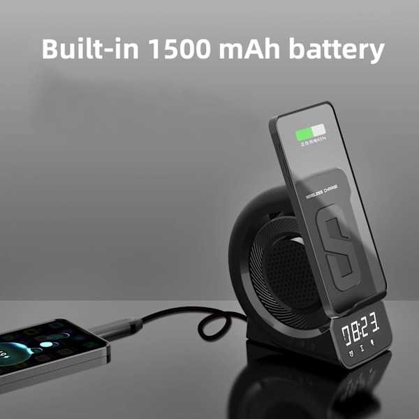 Portabel 3-i-1 trådlös laddare mobiltelefonhållare Bluetooth-högtalare skrivbordsur väckarklocka inbyggt 1500 mAh batteri Black