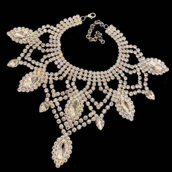 Lyxigt Strass Överdimensionerat Stort Haklapps-Chokerhalsband Bröllopssmycken för Kvinnor Glänsande Kristall Tjockt Kraghalsband Tillbehör Red