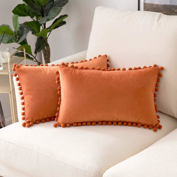 Paket med 2 Sammets-kuddfodral Pompom Dekorativa örngott Solida mjuka kuddfodral Med Poms Fyrkantig För Soffa Soffa Sovrum Bil 18x18tum Da 12 x20 Orange